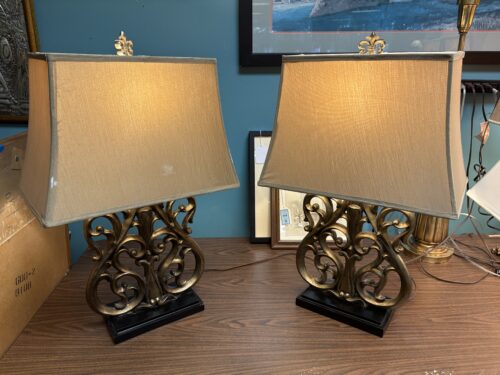 Gold Toned Baroque Table Lamp w/ Tan Sloped Shade (Set of 2)