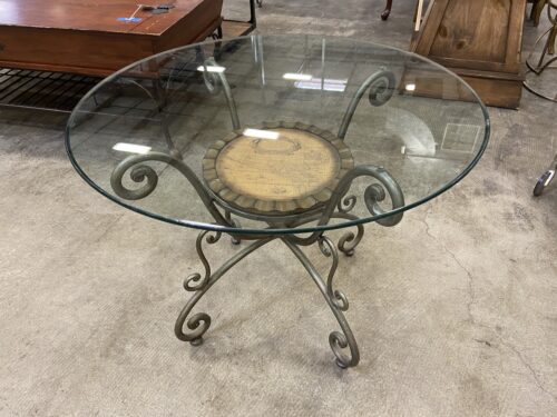 Vintage Glass Top Round Accent Table with Wrought Iron Base and World Map Detail