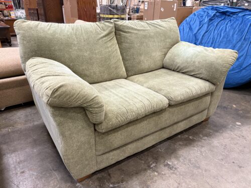 LA-Z-BOY Sage Green Abstract Pattern Microplush Loveseat with Rolled Arms and Light Wood Feet