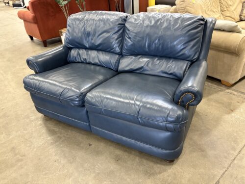 BRADINGTON YOUNG Vintage Storm Blue Leather Manual Recliner with Hidden Levers and Nailhead Trim