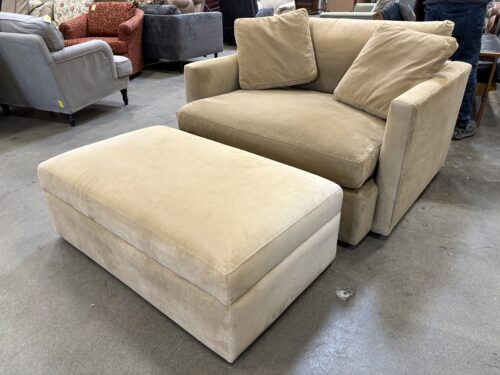 CRATE & BARREL Tan Oversized Armchair with Rolling Storage Ottoman