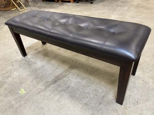 ASHLEY FURNITURE Black Tufted Leather Bench with Espresso Finished Base