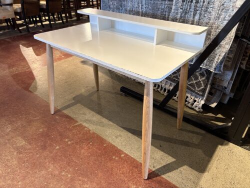 White Mid-Century Modern Office Desk with Top Shelf