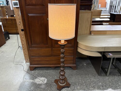 Vintage Turned Wood Floor Lamp w/ Beige Drum Shade