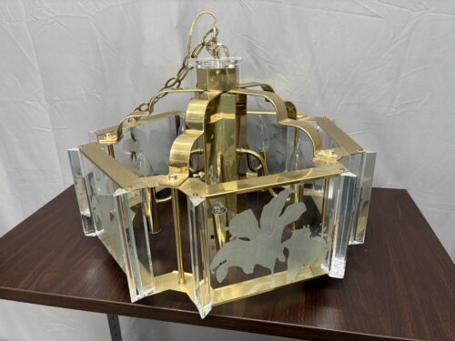 FREDRICK RAYMOND Vintage Brass Lily Chandelier w/ Etched Glass