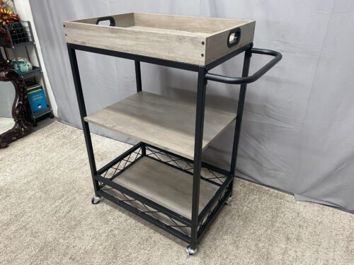 Weathered Grey Wood & Metal Bar Cart w/ Removable Tray