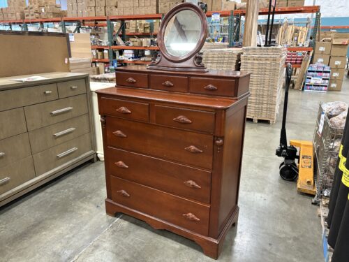 Cherry Finished 2 Piece 8 Drawer Tallboy Dresser with Carved Wooden Pulls and Oval Mirror