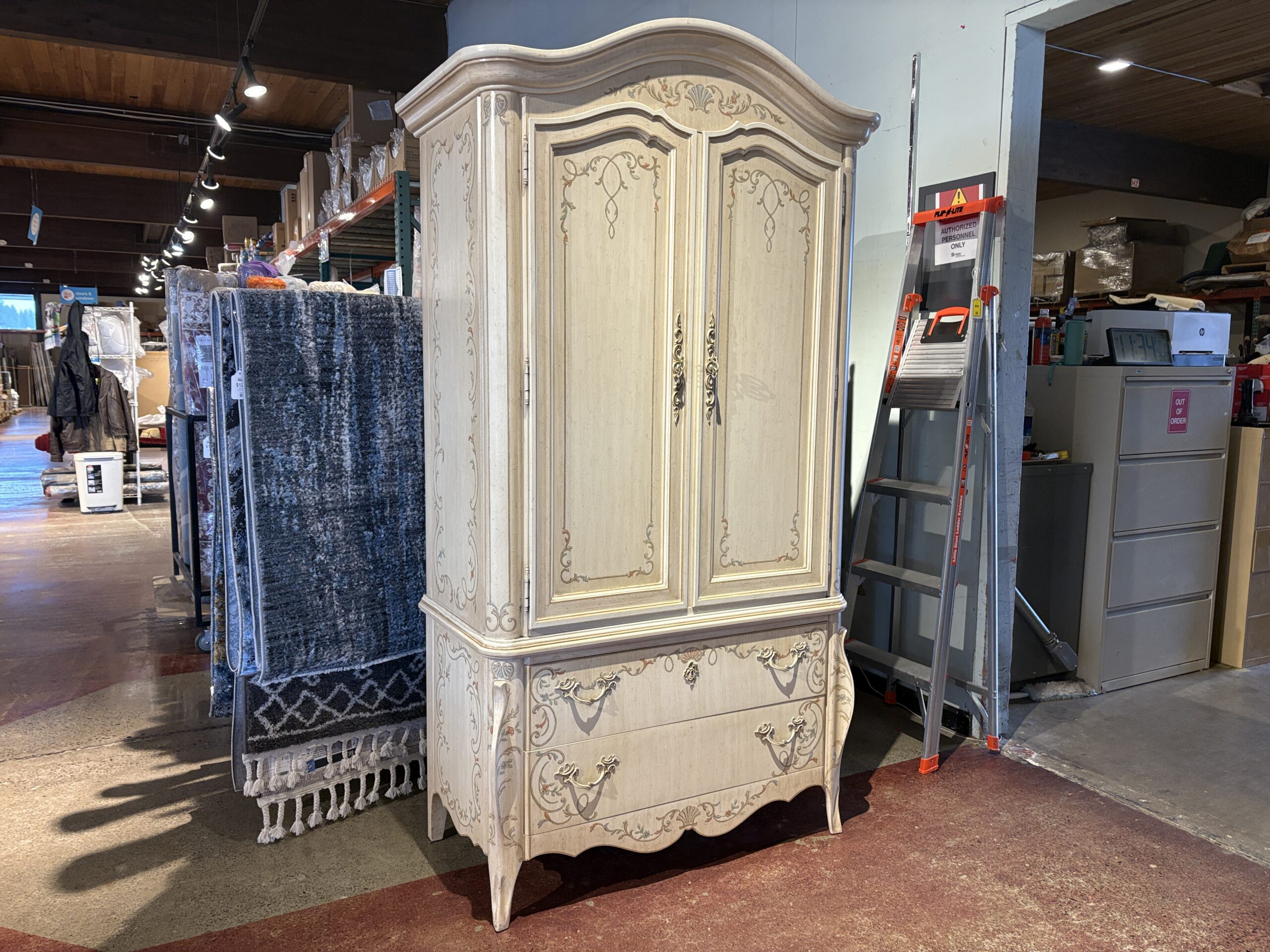 DREXEL HERITAGE  Cream Painted Floral Decorated Louis XV Style Armoire