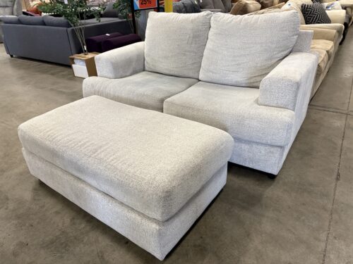 ASHLEY FURNITURE Heathered Cream Wide Arm Loveseat with Ottoman