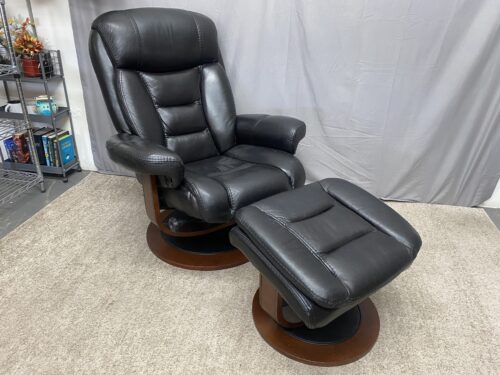 Black Leather Wood Farmed Manual Reclining Armchair & Footrest (Set of 2)