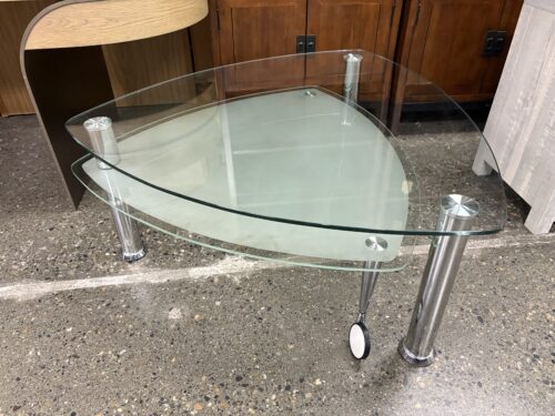 Contemporary Geometric Glass Coffee Table w/ Swinging Bottom Shelf