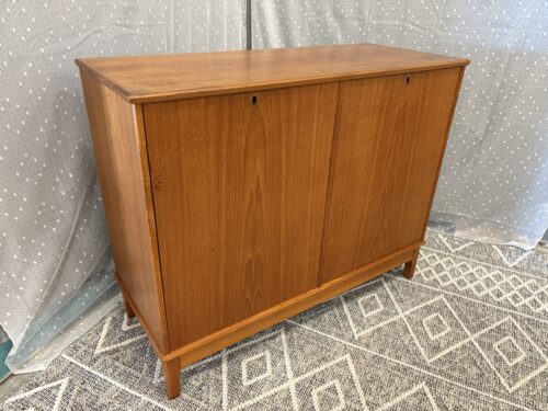 Vintage Mid-Century Teak Record Cabinet with Half Pocket Doors and Key