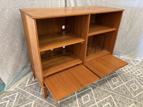 Vintage Mid-Century Teak Record Cabinet with Half Pocket Doors and Key