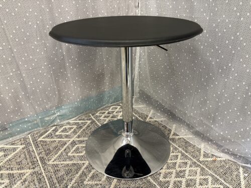 Round Pneumatic Side Table with Black Leather Top and Chrome Pedestal Base