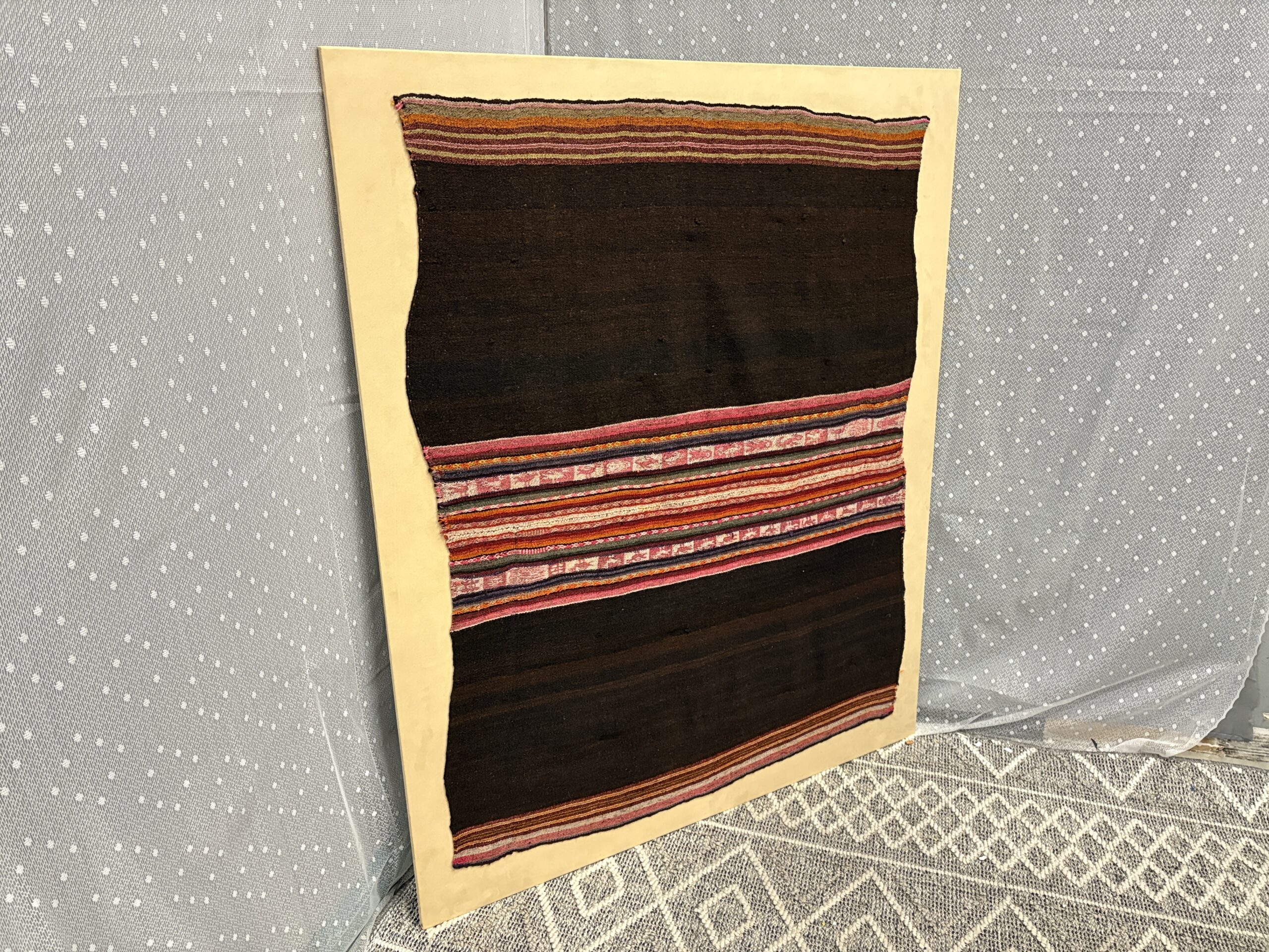 Hand Woven Tapestry From Cuzco, Peru Mounted on Beige Suede Canvas