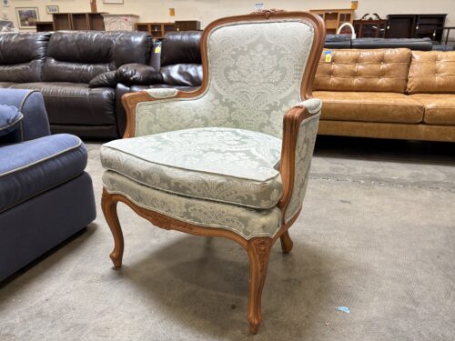 ETHAN ALLEN French Provincial Mint Green Bergere with Wooden Frame and Carved Floral Details