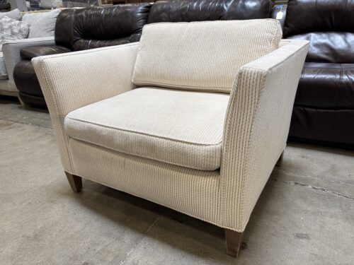 Beige and Cream Corduroy High Arm Accent Chair with Dark Wood Feet