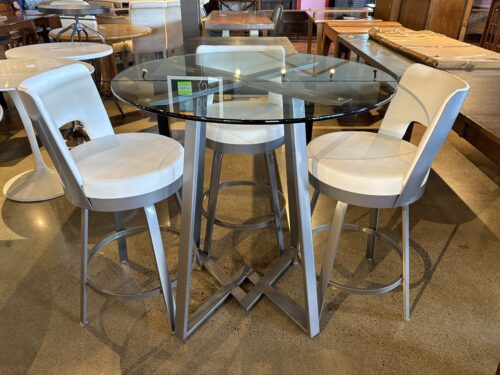 AMISCO  Dirk Bar Height Glass Pub Table with Brock Swivel Bar Stools in White (Set of 4 Chairs)