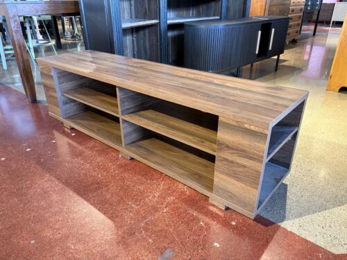 Modern Walnut Low Profile Open Shelf TV Stand