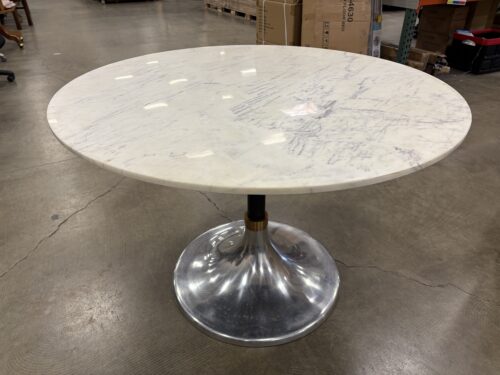 CB2 Round Marble Top Dining Table with Chrome and Brass Pedestal Base