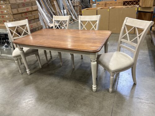 Farmhouse Style Abalone Grey and Walnut Finished Dining Table with 4 Lattice Back Chairs