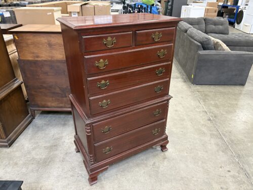 Vintage Cherry Finish 7 Drawer Tall Boy Dresser with Decorative Brass Swing Pulls