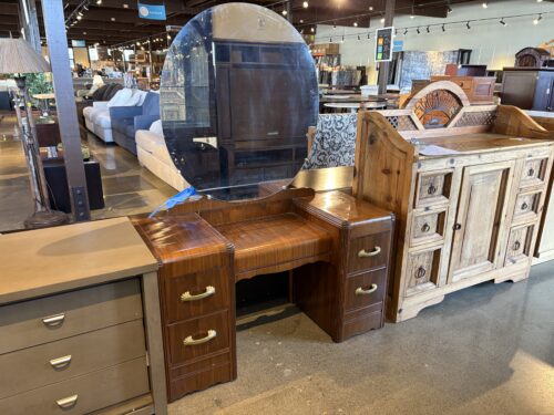 Art Deco Style Waterfall Vanity Desk with Circular Mirror