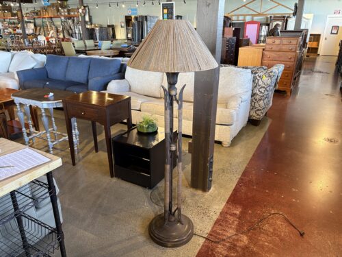 Vintage Stag Horn Lodge Style Floor Lamp with Wicker Shade