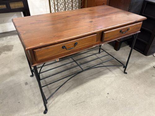 Rustic Wooden Desk with Wrought Iron Base