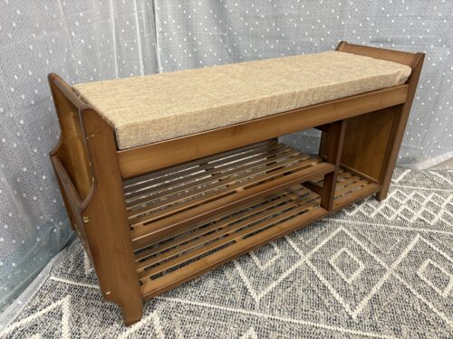 Modern Walnut Finish Entry Bench with Magazine Rack, Shelving and Removable Cushion Cover