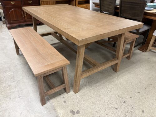 Beige Rustic Trestle Table w/ 2 Dining Benches