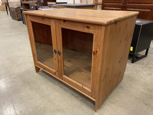 Natural Finish Wooden and Glass Media Cabinet with Shelving