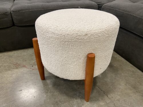 Modern Ivory Boucle Ottoman with Wooden Legs