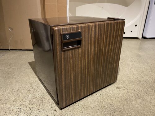 GE Vintage Compact Mini Fridge with Wooden Vinyl Front