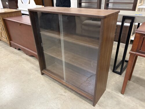 Walnut Finished 3 Tier Display Bookcase with Glass Bypass Doors