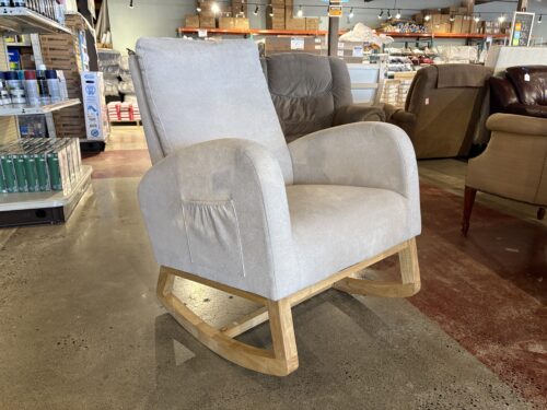 Beige Upholstered Chenille Rocking Chair with Side Pocket