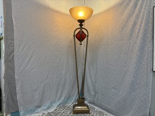 Vintage Art Deco Torchiere Style Floor Lamp with Red Glass Gem and Twisted Metal Frame