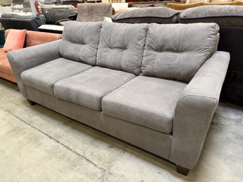 Grey Woven 3 Seat Sofa with Tufted Back Cushions and Contrast Stitching