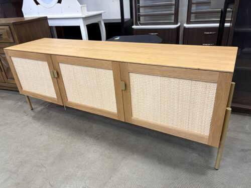 Modern Light Wood Sideboard with Rattan Door Fronts and Gold Tone Accents