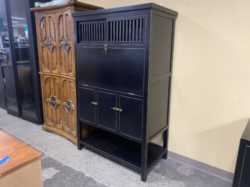 Asian-Inspired Black Lacquer Bar Cabinet w/ Brass Accents