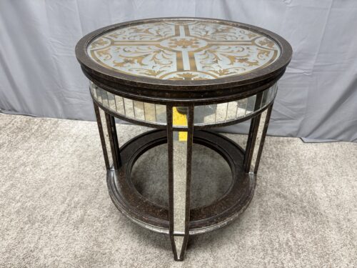Round Mirrored Side Table w/ Gilded Floral Pattern Top
