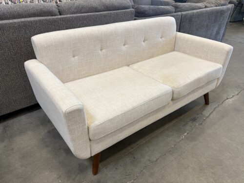 Modern Ivory Linen Loveseat with Tufted Back Cushion and Cherry Finished Splayed Legs