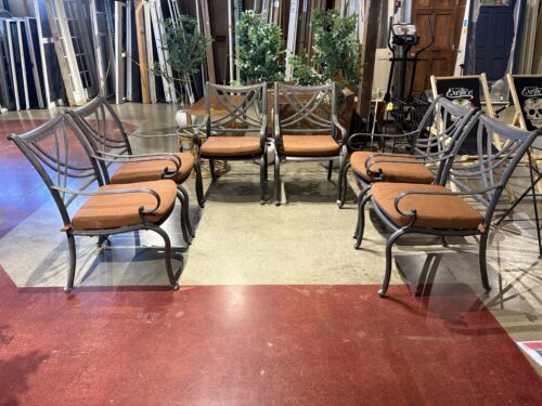 Cast Aluminum Outdoor Armchair Set with Orange Cushions (Set of 6)