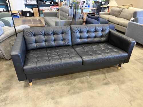 IKEA Morabo Black Tufted Leather Wide Seat Sofa with Light Wood Legs