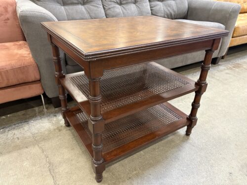 Vintage Wooden 3 Tier Accent Table with Cane Details
