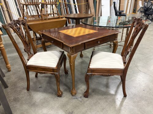 ALEXANDER JULIAN HOME COLOUR Vintage Ornate Carved Wood Game Table Set with Removable Chess/Backgammon Boards and Dining Chairs  (Set of 2)