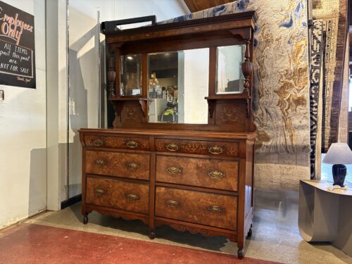 Antique Art Nouveau Walnut Marquetry Inlaid Sideboard