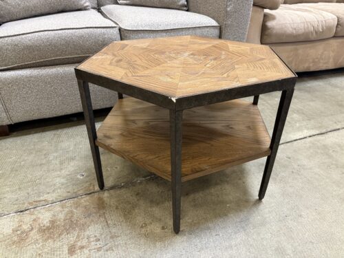 Rustic Industrial Hexagonal Accent Table with Mosaic Wood Design