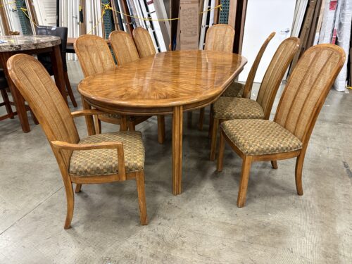 DREXEL  Vintage Walnut Burl Dining Set with Cane Back Chairs (Set of 8)