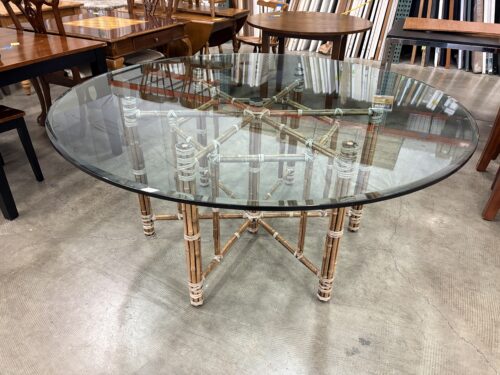 JOHN MCGUIRE Hexagonal Bamboo and Leather Base Dining Table with 3/4 Inch Glass Top